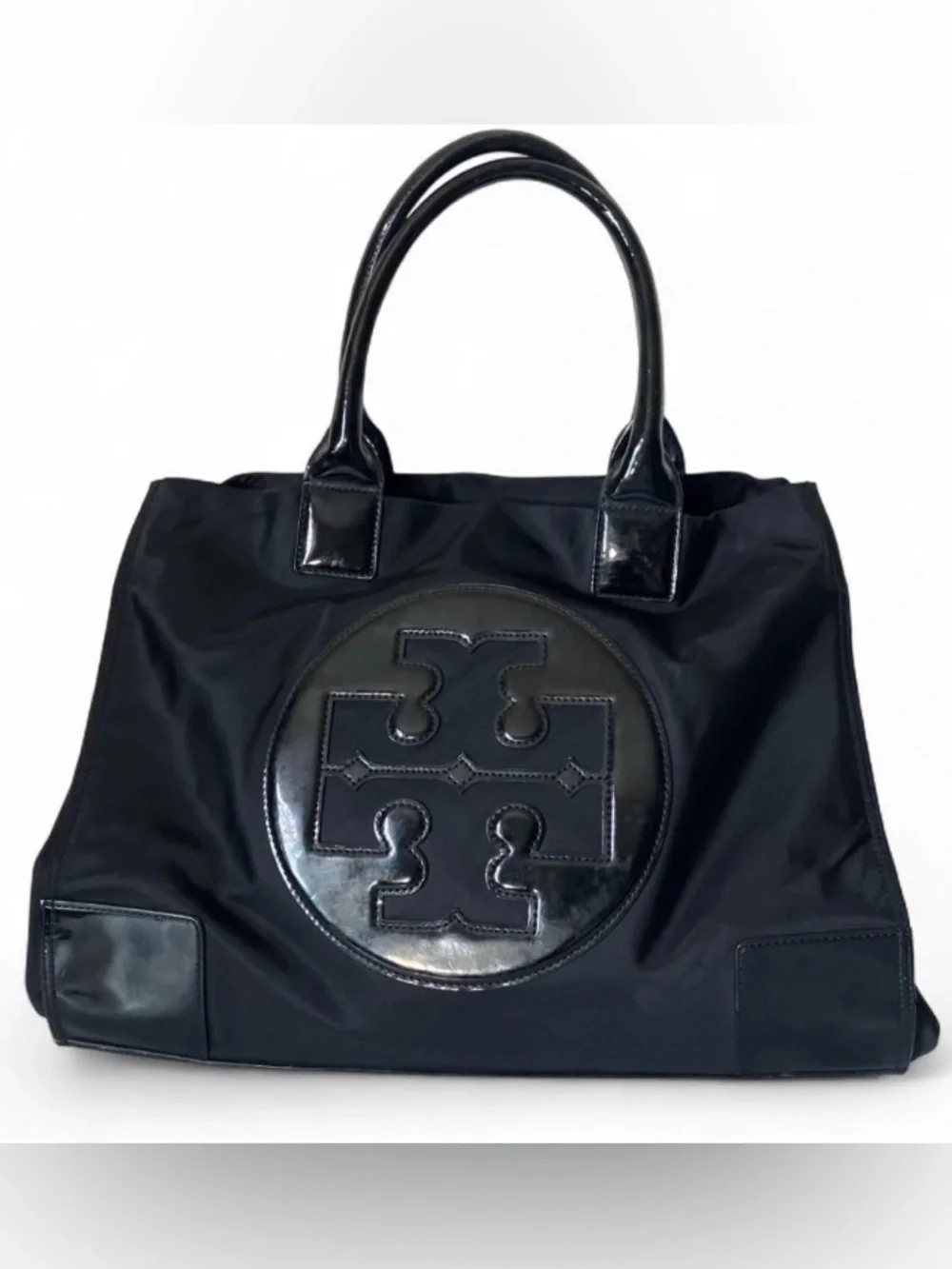 Tory Burch Ella Oversized Nylon Tote Black Patent Logo Large Shoulder Bag - Picture 2 of 6